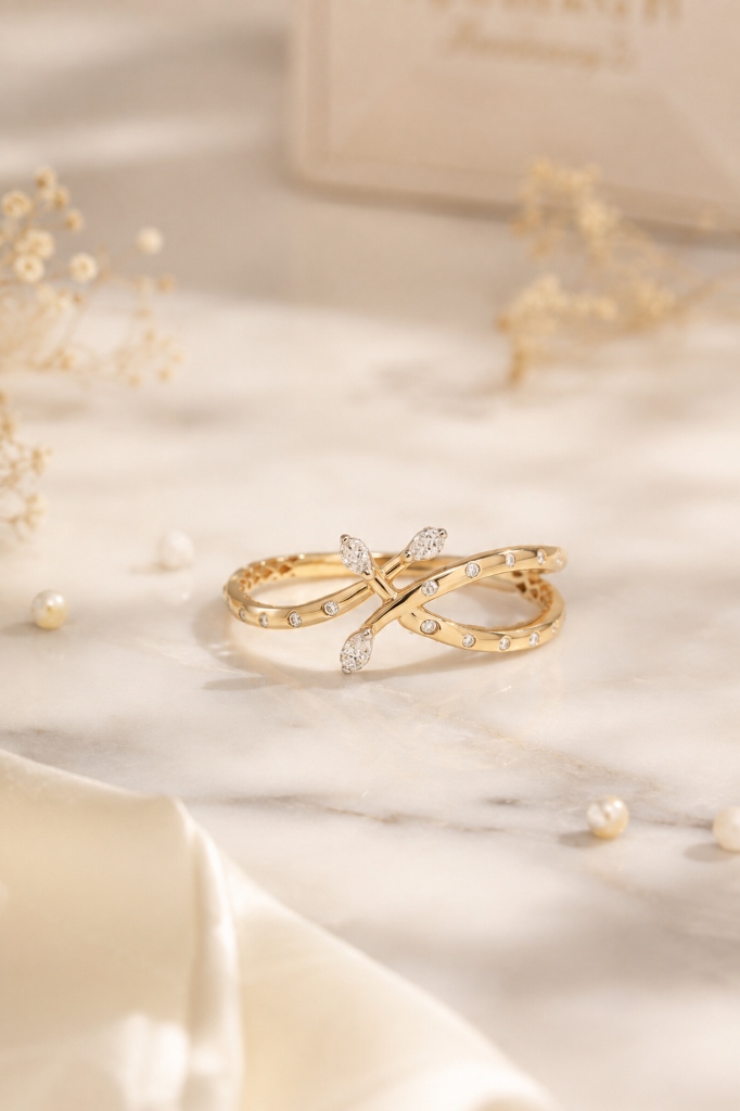 Aarvi collection yellow gold crossover diamond ring showcase