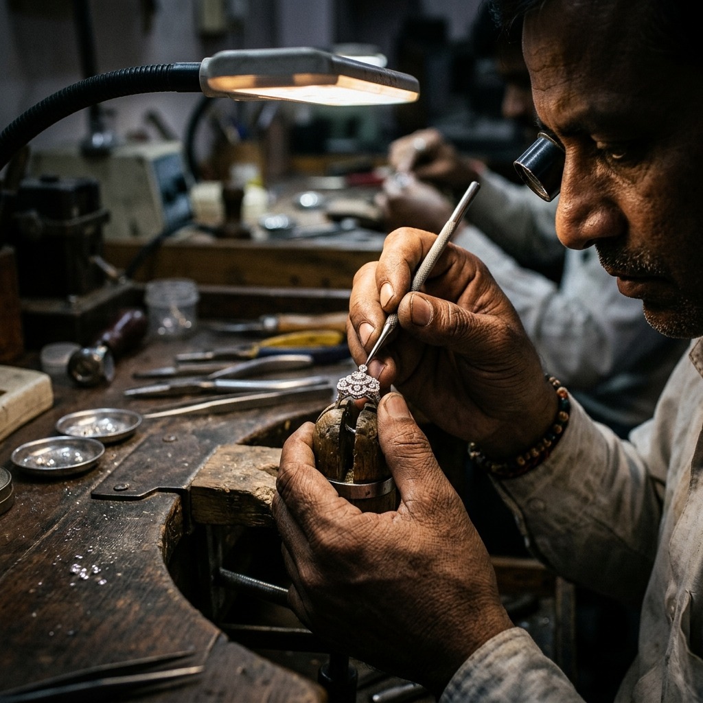 Indian master diamond craftsman hand-setting brilliant diamonds into an intricate diamond ring at workshop
