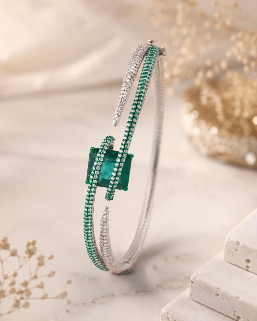 Colourpop emerald and pavé diamond open cuff bracelet showcase