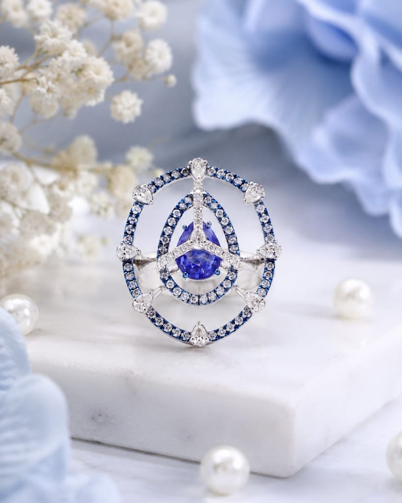 Colourpop blue sapphire orbital ring with pear-cut tanzanite stone
