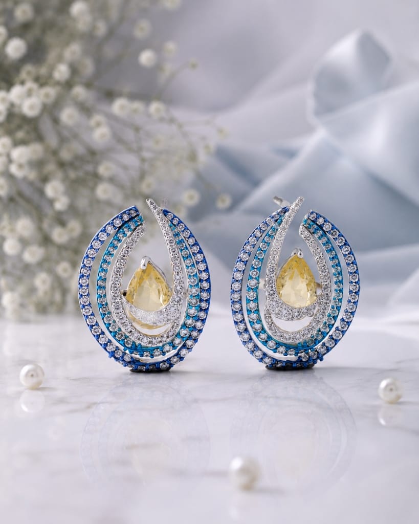 Colourpop blue and teal concentric oval drop earrings with yellow pear stone