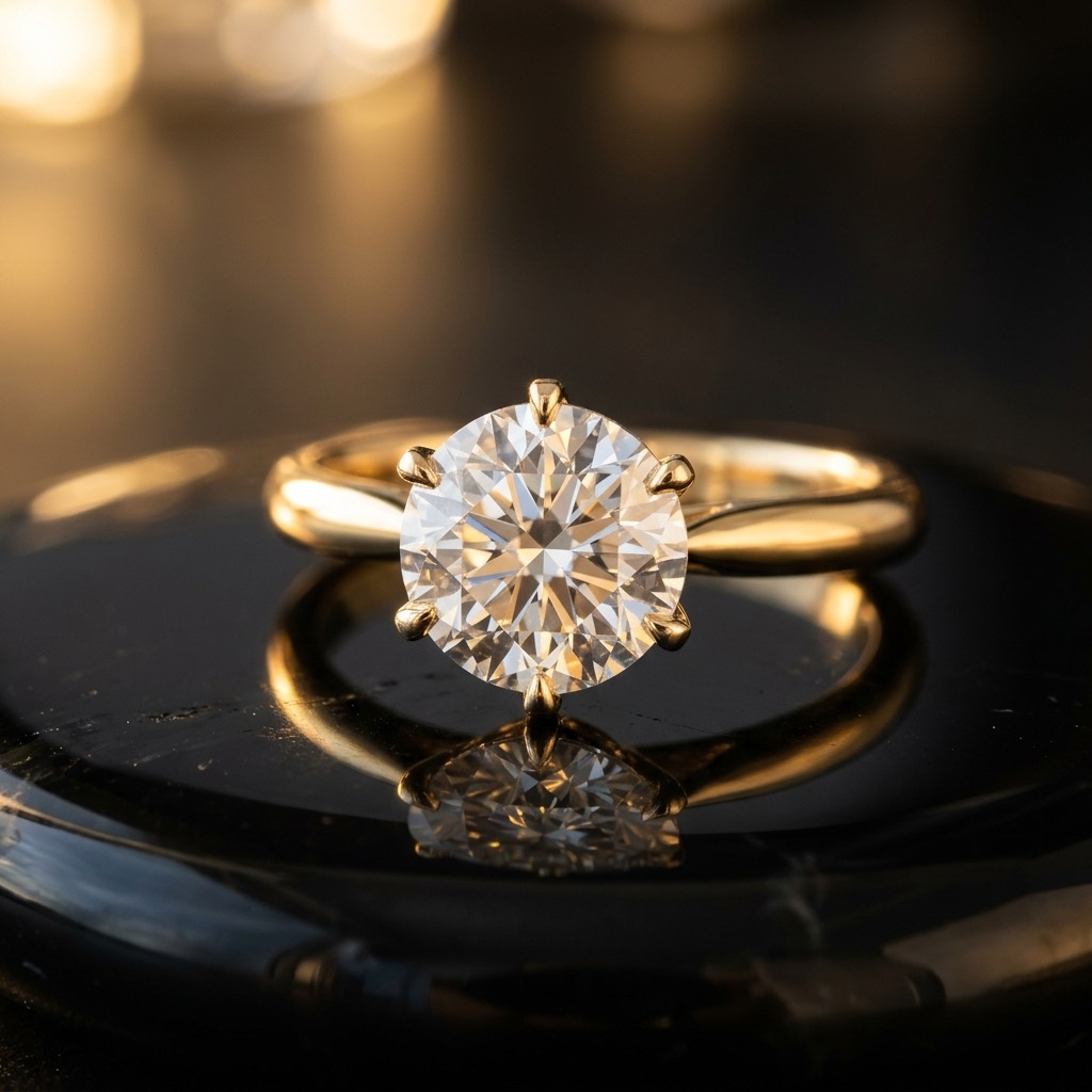 A diamond solitaire ring resting on a polished dark surface