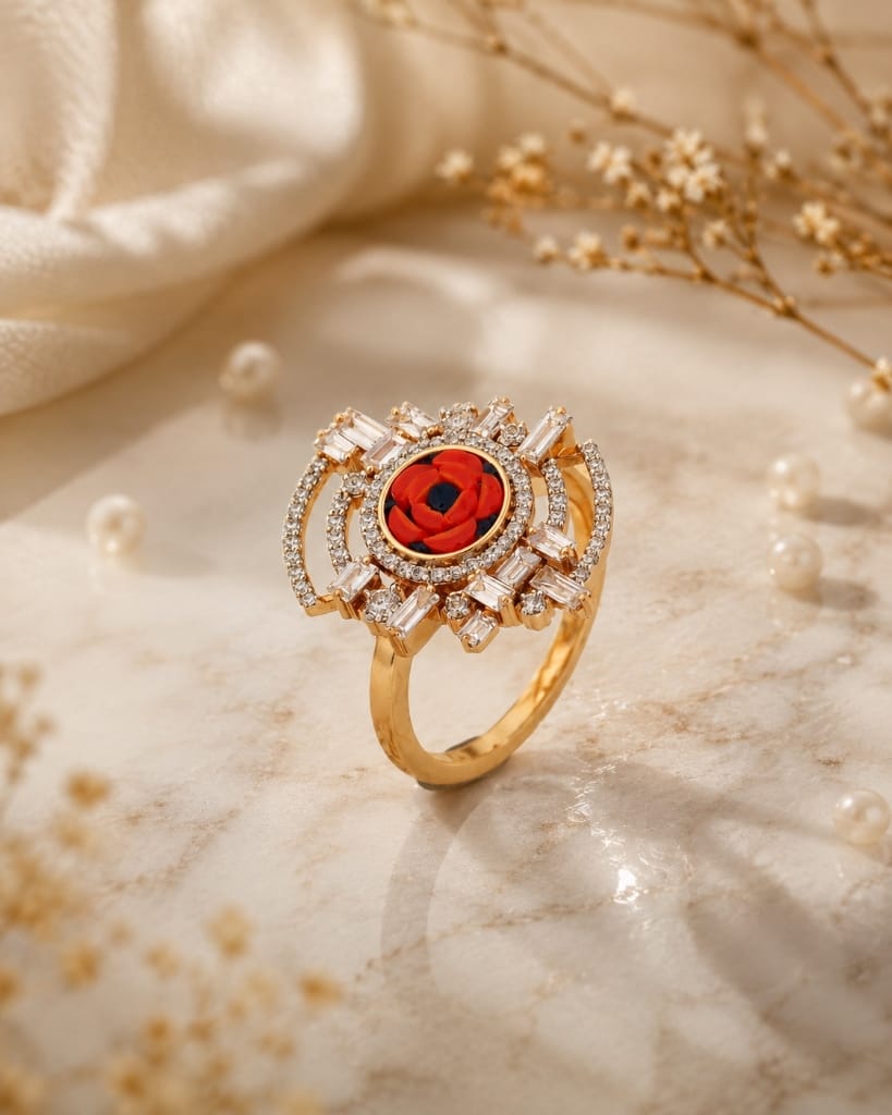 Filati yellow gold carved red coral rose ring with baguette diamonds