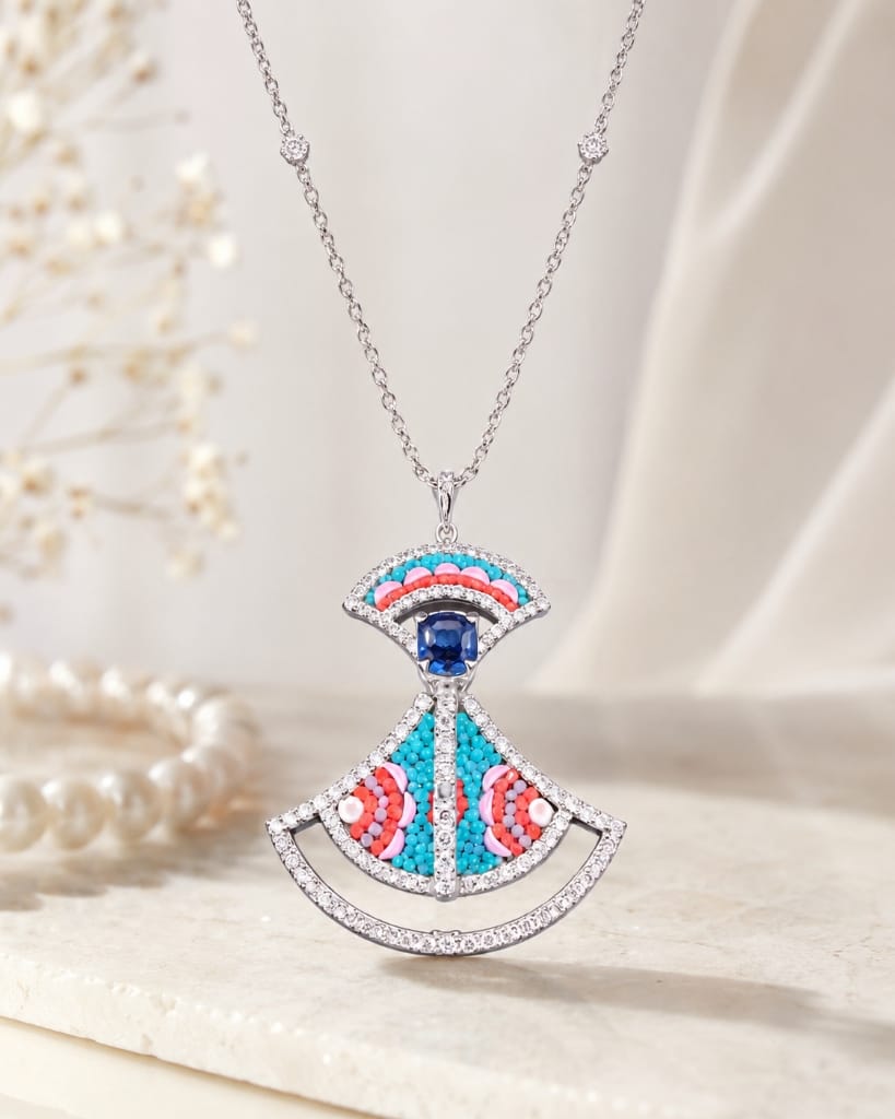 Filati fan-shaped turquoise and coral pendant with central blue sapphire