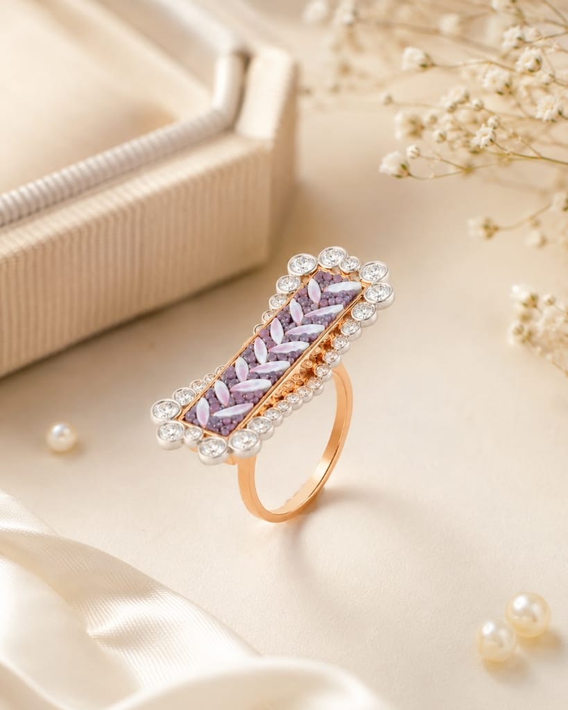 Filati rectangular ring with micro-mosaic leaf pattern and diamond border