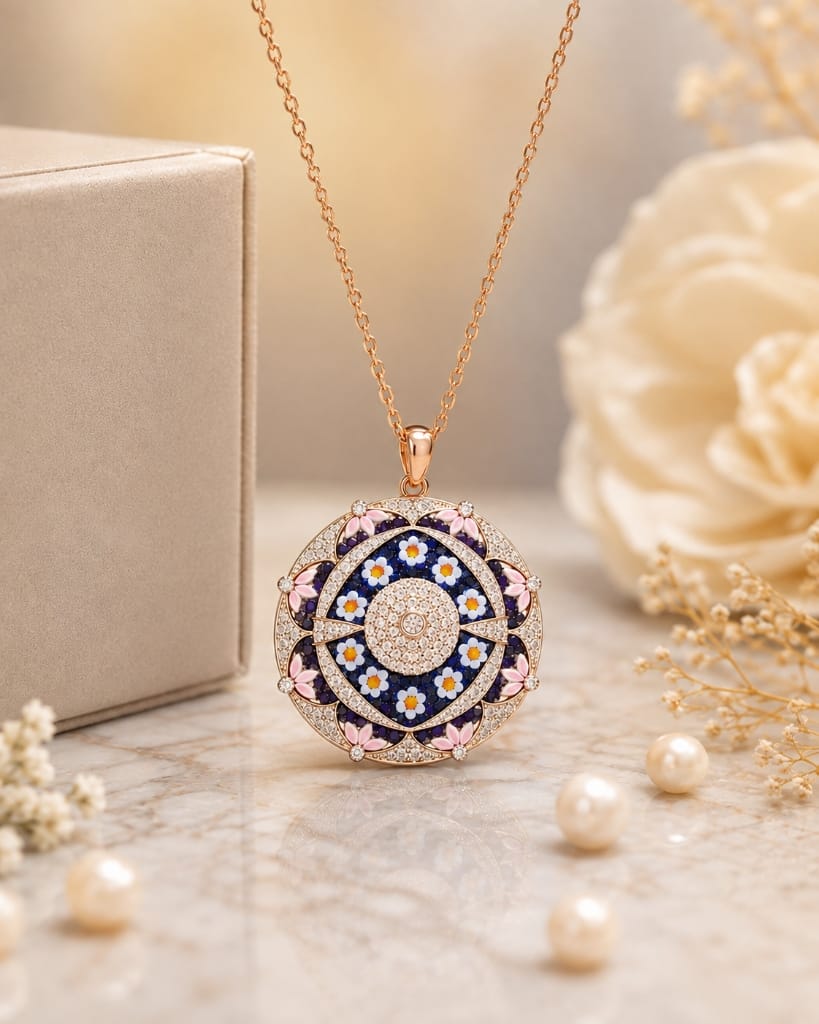 Filati circular mandala pendant with floral enamel and diamonds
