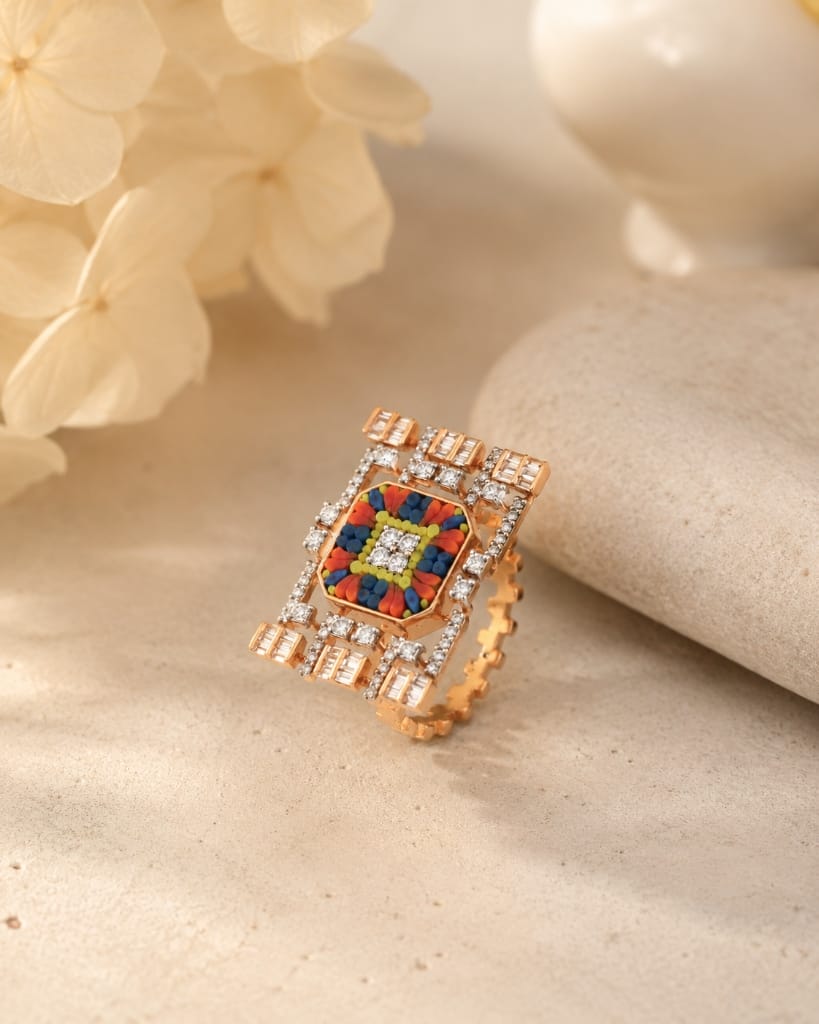 Filati geometric rectangular ring with multi-color stone inlay