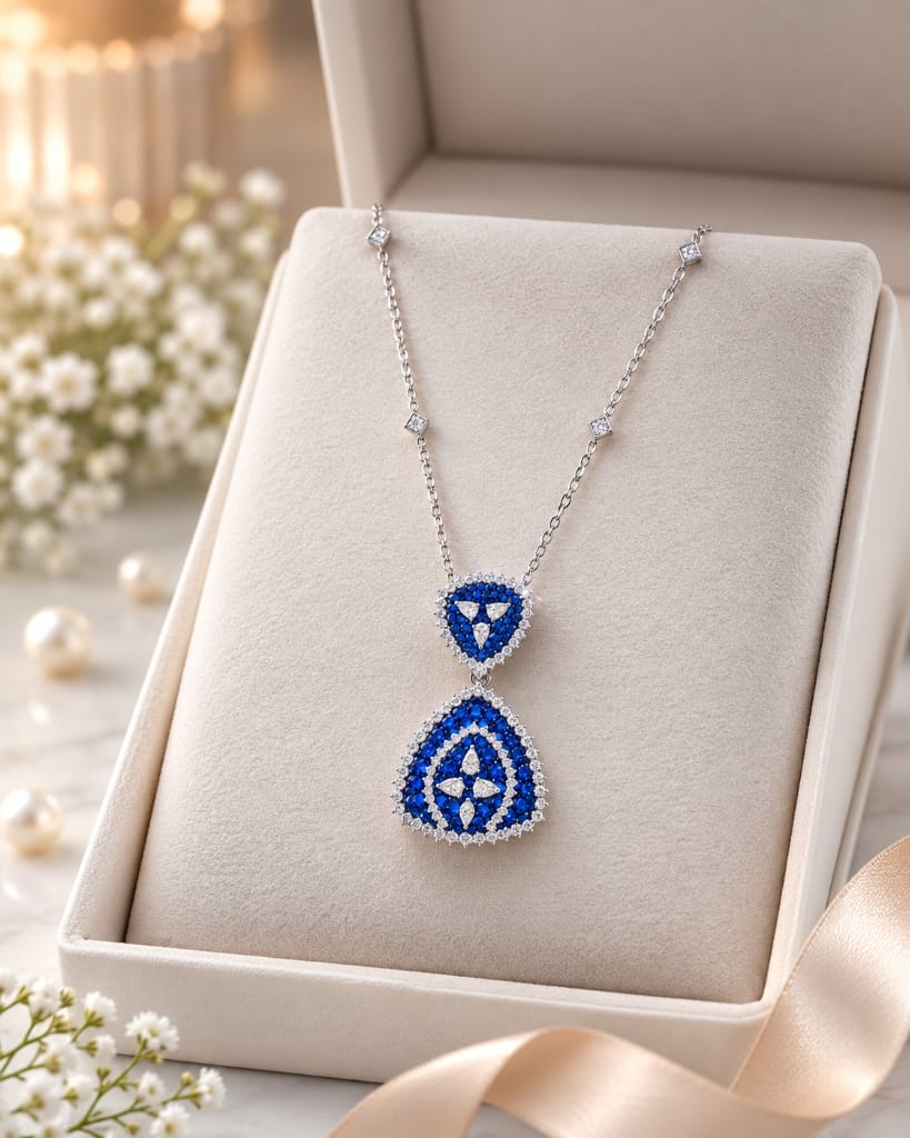 Floating double-tier blue sapphire teardrop pendant in gift box