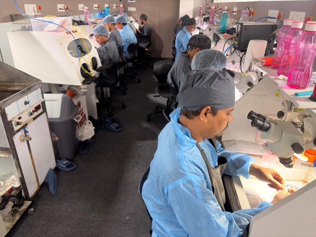 Microscope diamond setting workstation line with artisans in blue protective coats