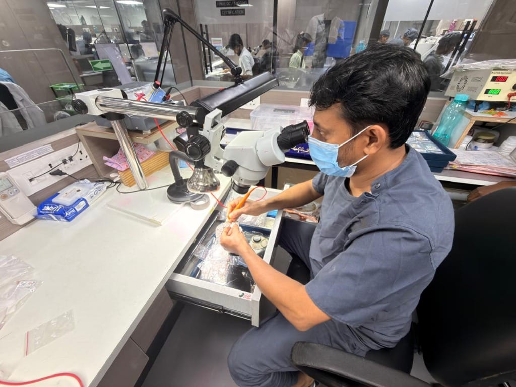 Master artisan performing precision rhodium electroplating process for diamond jewellery