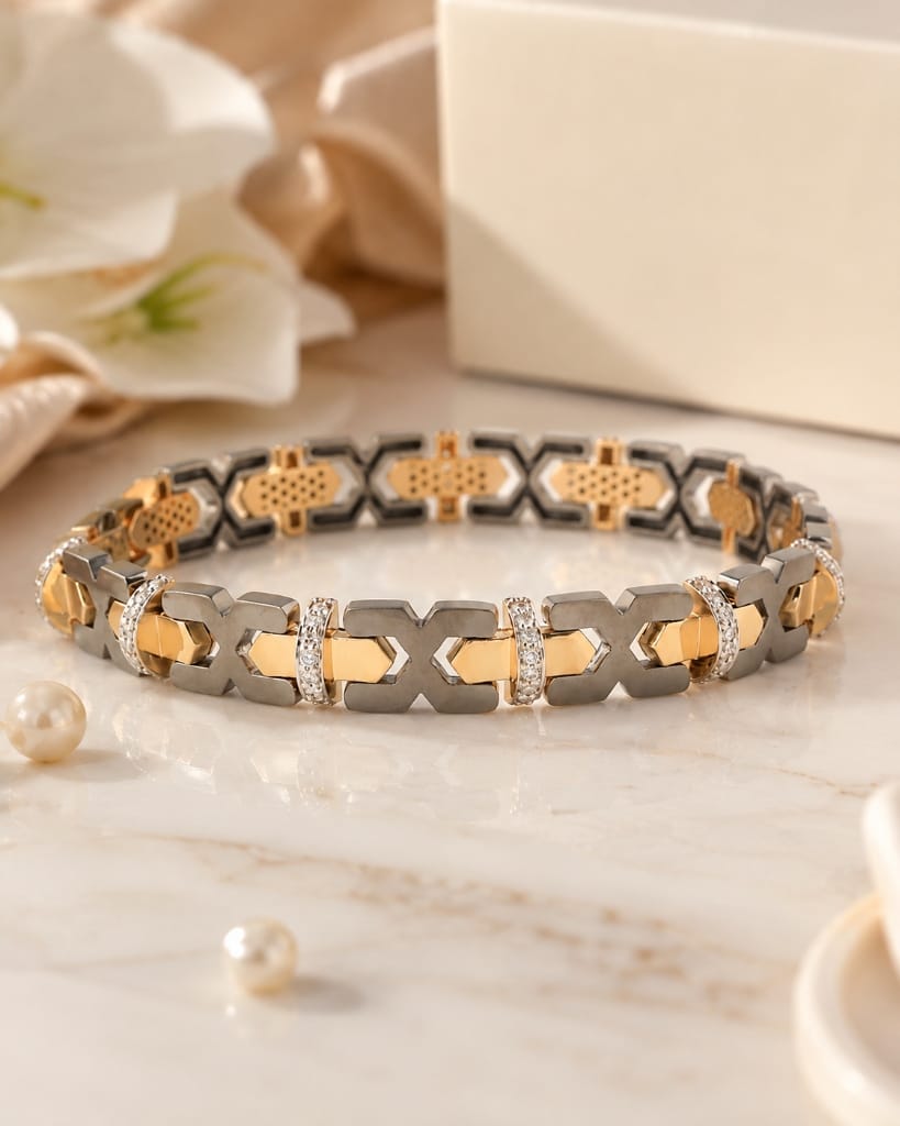 Titanium Mens two-tone grey titanium and gold X-link bracelet with diamond accents