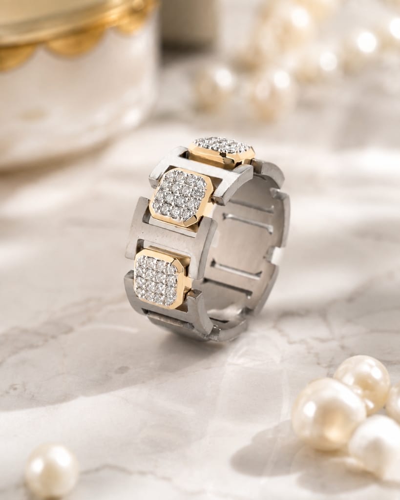 Titanium Mens heavy titanium band ring with gold square diamond pavé studs