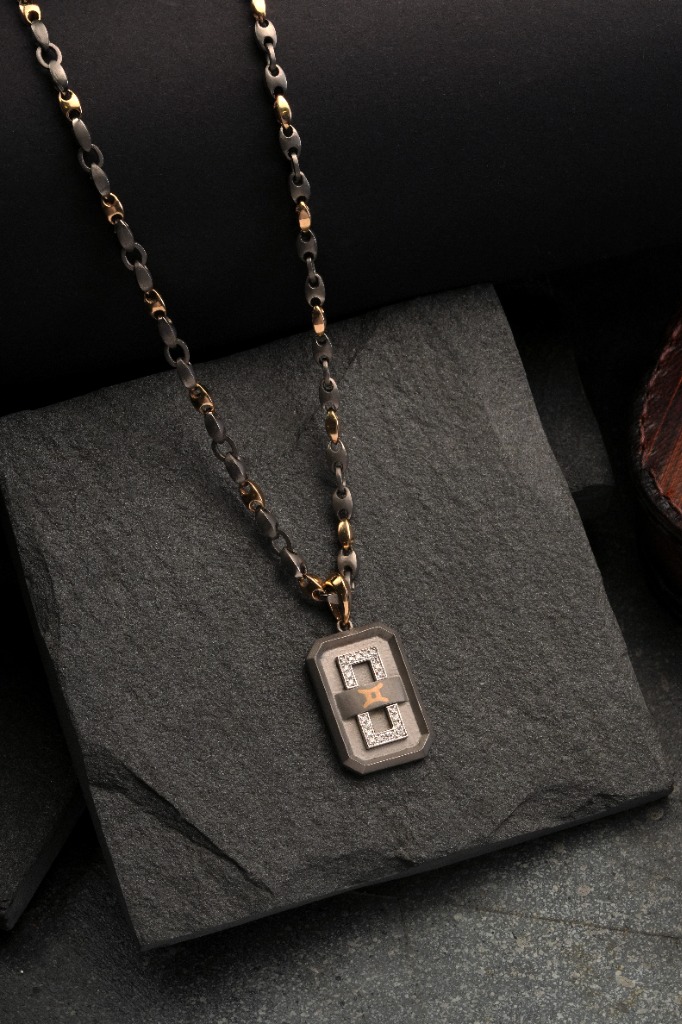 Titanium Mens industrial rectangular dog-tag pendant with pavé diamonds on two-tone link chain