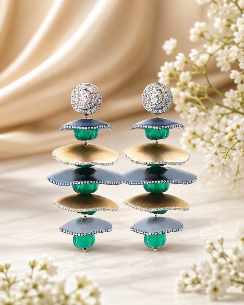 Titanium Womens tiered drop chandelier earrings with gold discs, anodized titanium layers, and green carved beads