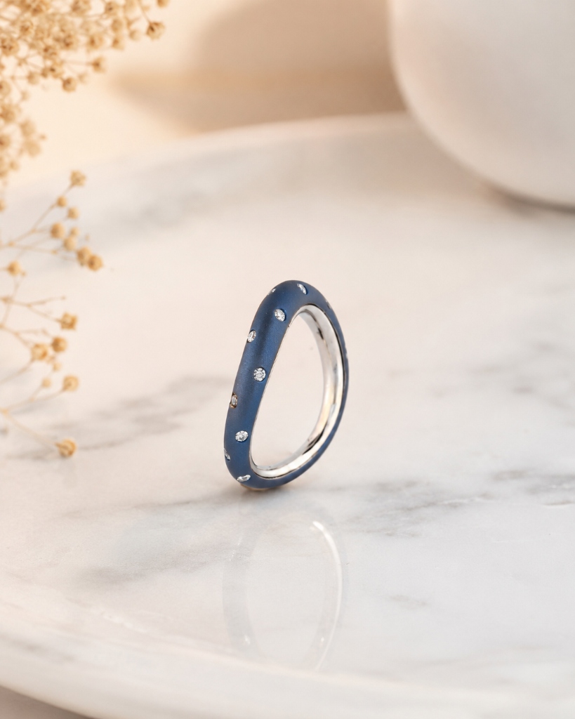 Titanium Womens matte blue titanium thin band ring with flush-set round diamonds