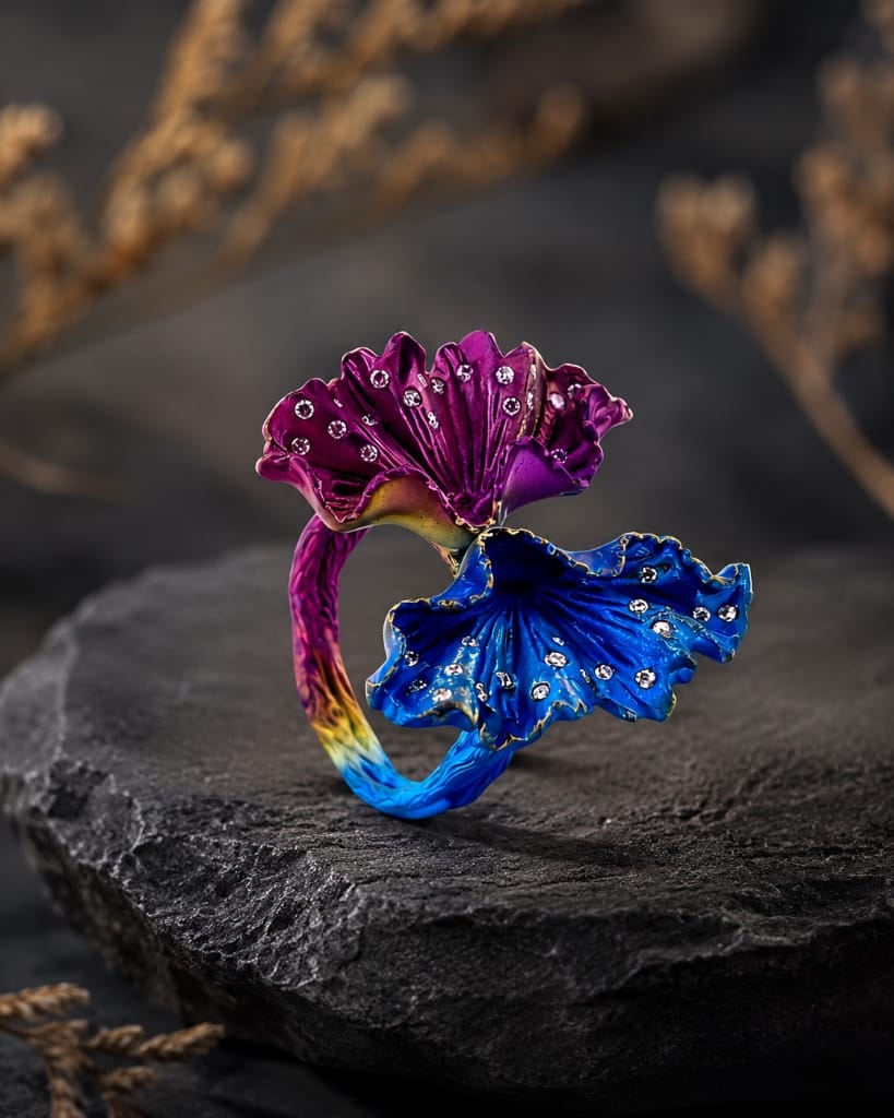 Titanium Womens magenta and electric blue titanium double petal flower ring