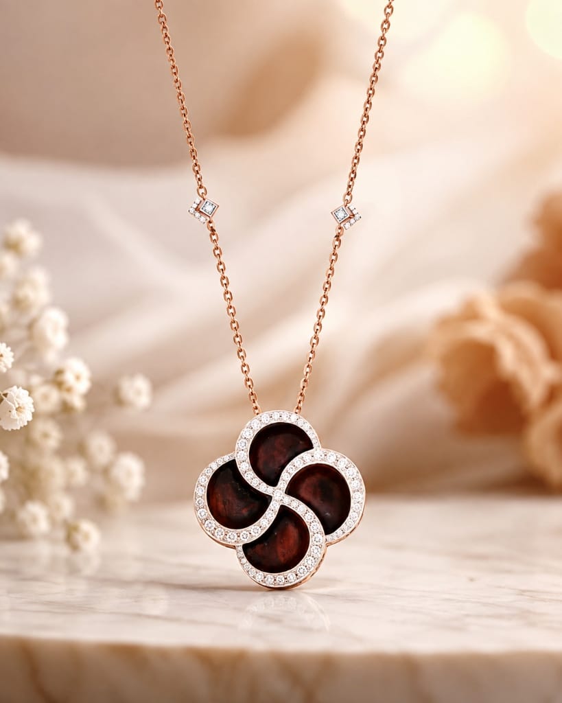 Wood collection rose gold diamond necklace with hardwood 4-petal swirl motif pendant