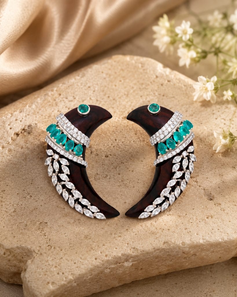 Wood collection dark hardwood crescent ear cuffs with turquoise cabochons and leaf-style diamond pavé